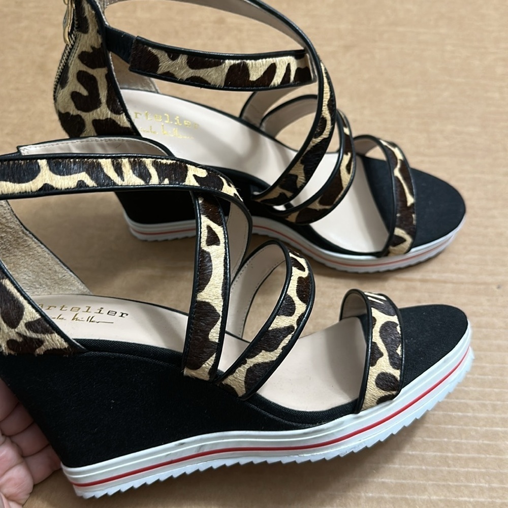 Leopard Print Strappy Wedge Sandals - Black & Tan
